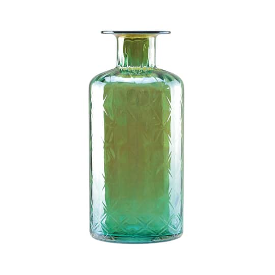 12.5" Lustrous Diamond Patterned Glass Vase, Forest Green